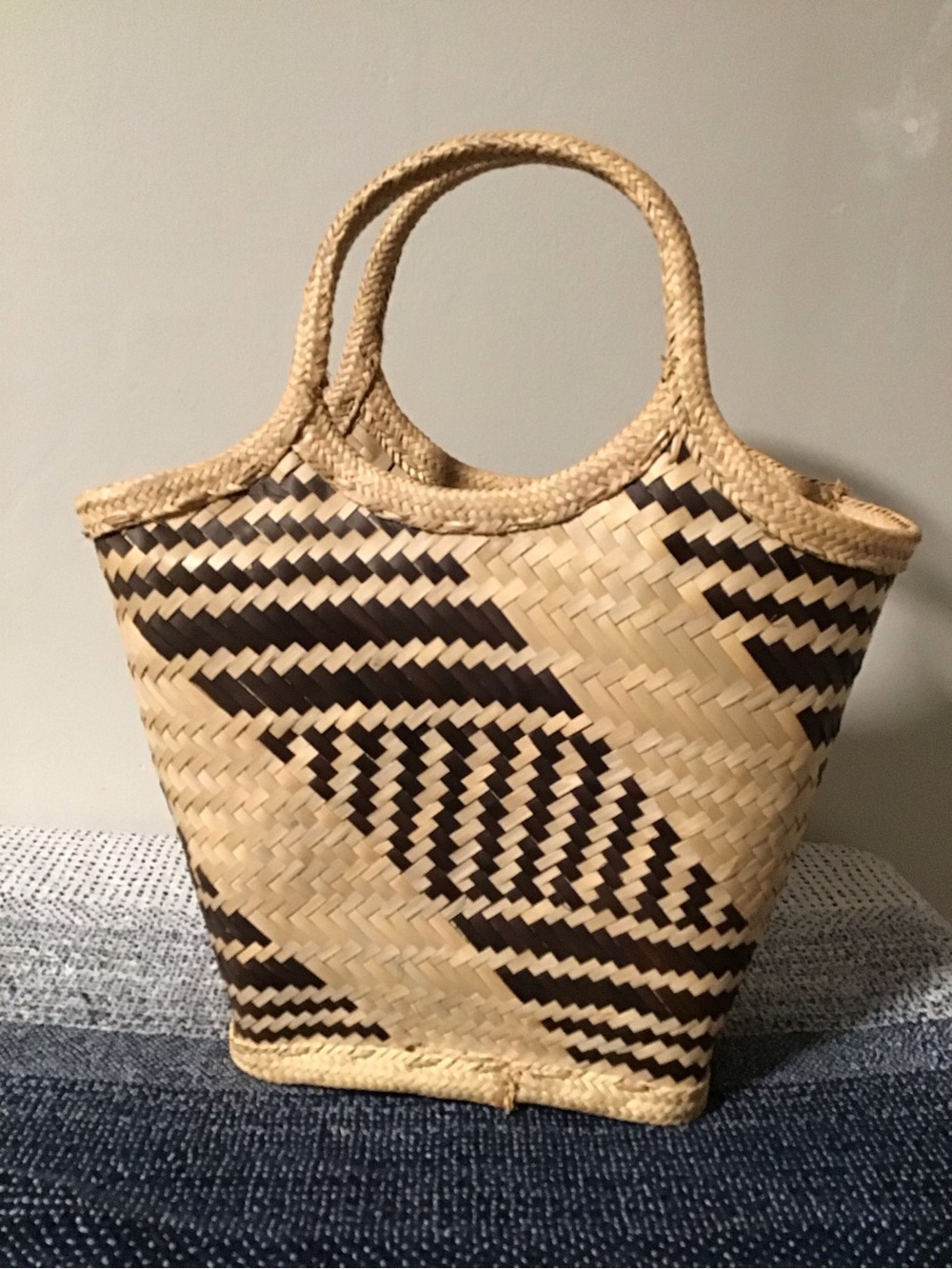 Woven Straw Tote Bag in Natural and Dark Brown